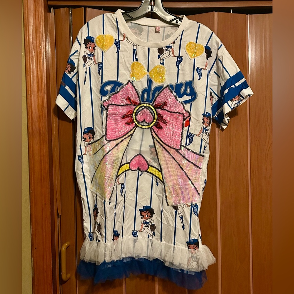 Betty Boop LA Dodgers white & blue dresss with sequin bow tulle accents size S